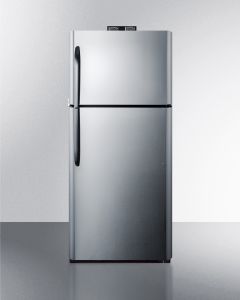 Summit Appliance BKRF21SS 21 cu.ft. break room refrigerator-freezer with stainless steel doors, black cabinet, and NIST calibrated alarm/thermometers